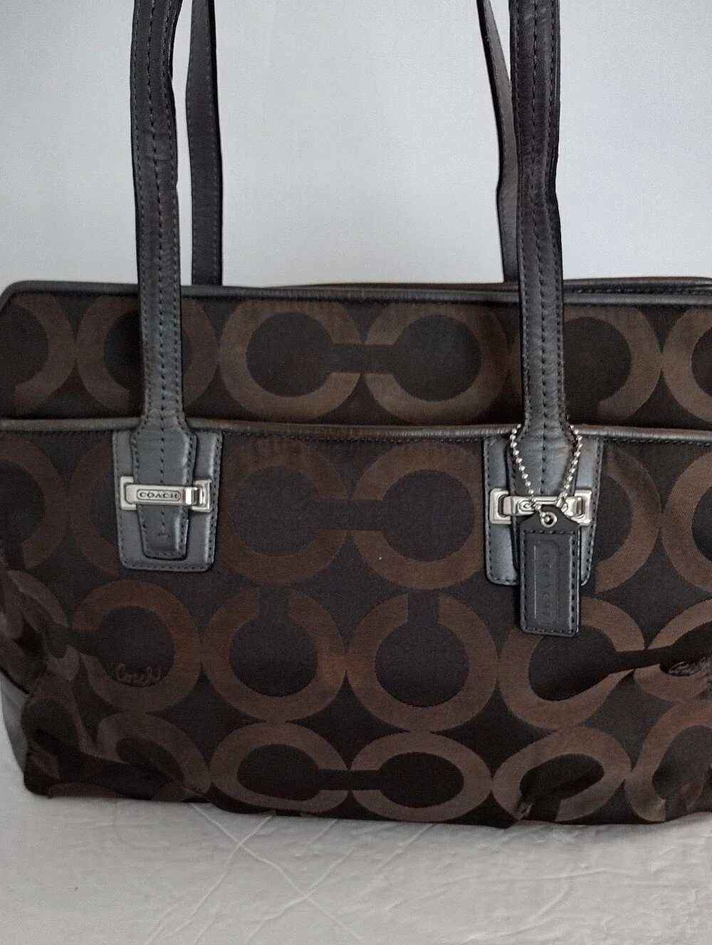 Coach Taylor Op Art Alexis Carryall Tote Bag Brown Sateen F25501 Shoulder Purse
